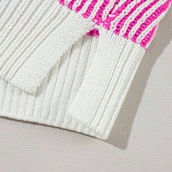 Hot Pink Casual Women's Striped Long Sleeved Round Neck Loose Pullover top - Picture 7 of 8